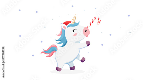 A baby unicorn with a candy-cane horn dancing in falling snow .vector icon