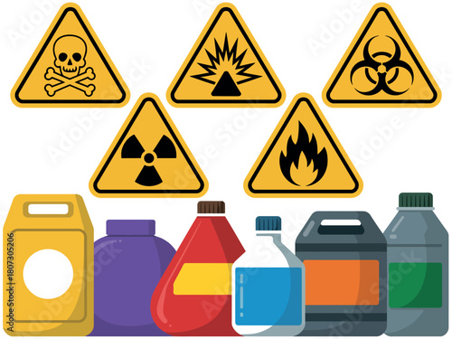 Collection of various hazard and warning signs and chemical containers.