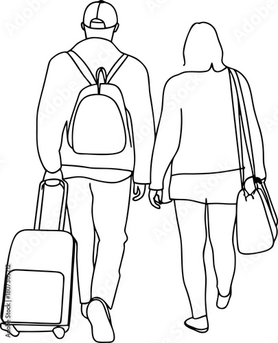 Couple traveling together minimalist line art illustration