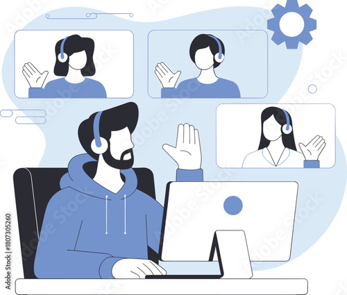 Virtual meeting scene, remote communication, video conference participants, headset conversation, digital workspace, online collaboration, flat vector illustration, modern design
