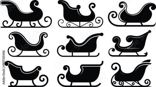 Christmas sleigh silhouette collection with decorative winter designs, festive holiday vector elements for seasonal art, Santa sleigh illustrations and graphic projects