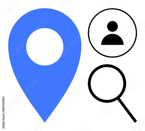 Blue location pin next to a user icon and magnifying glass. Ideal for navigation, search, user tracking, geolocation, online profiles, exploration, user experience. Simple flat metaphor