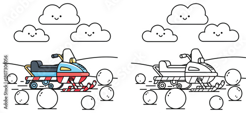 Cartoon Snowmobile with Smiling Clouds and Snowballs