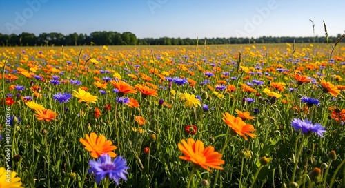 Fototapeta Naklejka Na Ścianę i Meble -  Colorful wildflower meadow thriving under a bright summer sky