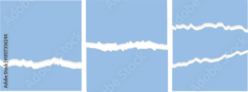 Set of abstract vector light blue torn paper edges and ripped backgrounds; design elements simulating a rough, horizontal tear for transition, change, advertising reveal effects, banners, website head