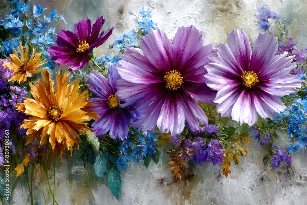 Fototapeta premium Vibrant cosmos flowers bouquet painting displaying impressionist art style