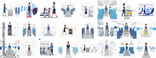 Vector illustrations depicting flight attendants providing inflight catering service with trolleys in various airplane cabin settings.