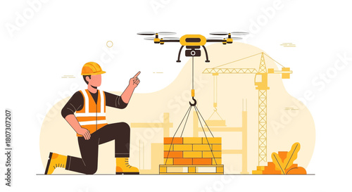 Drone-assisted construction showcasing a worker supervising brick lifting with innovative unmanned