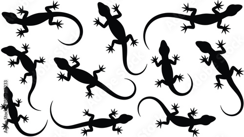 Gecko and lizard silhouette collection, black reptile vector illustrations for decoration, wildlife design elements, crawling gecko shapes for graphic projects