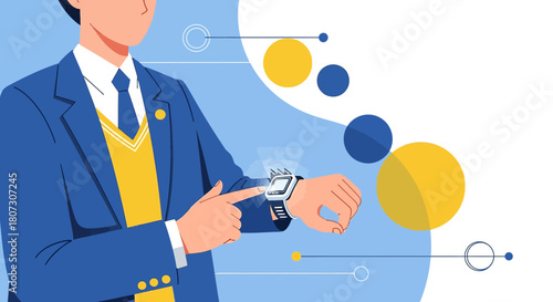Elegant businessman using smart watch with modern digital interface and data visualization concept