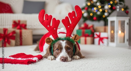 Dog in reindeer costume lying on carpet floor with Christmas tree and gifts in background, for holiday card and festive season concept.