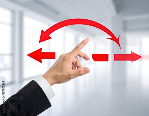 Hand in Suit Manipulating Red Arrow Graphics in Bright Modern Office Space, Abstract Business Flowchart Concept with Glass Windows, Soft Lighting