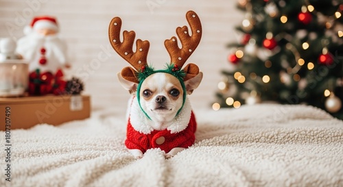 Chihuahua dog dressed as reindeer in a red Christmas sweater, lying on a fluffy blanket. Adorable holiday pet portrait for greeting card design.