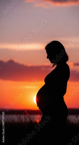 Silhouette of a pregnant woman embracing her belly at sunset. Motherhood concept, expectation and new life. Perfect for pregnancy announcement or baby shower invitation.