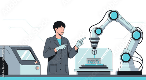 Engineer overseeing robotic arm operation in a modern technology laboratory environment