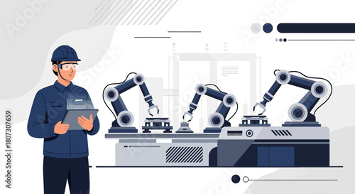 Engineer oversees robotic assembly line with tablet in modern manufacturing facility