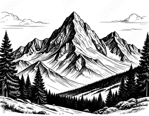 illustration vector hand drawn mountain black and white 