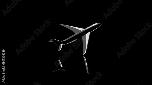 Sleek metallic airplane ascending with reflection against a dramatic black background, symbolizing modern travel and aviation.