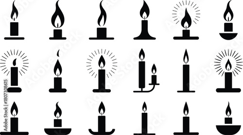 Collection of candle icons, burning candle silhouettes, flame symbols, wax light illustrations, spiritual lighting graphics, minimalist candle designs for decoration