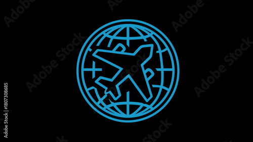 Blue neon style icon of an airplane circling a globe, representing global travel, international flights, and worldwide tourism.