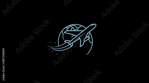 Neon Line Art Airplane Flying Around a Blue Glowing Globe, Global Travel and International Flight Concept Icon on Black Background