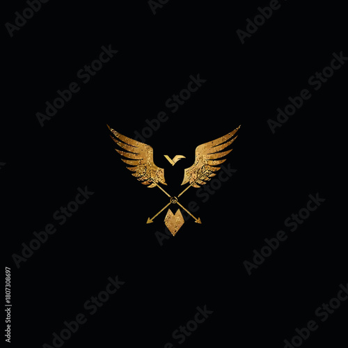 Golden textured heraldic crest with spread wings, crossed arrows, and a stylized shield on a black background, symbolizing power and nobility.