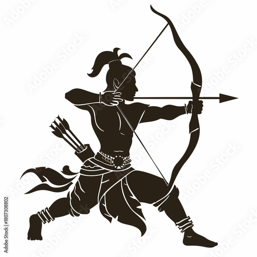 Silhouette of an ancient warrior or hunter archer aiming a bow and arrow with a quiver of arrows, traditional sport