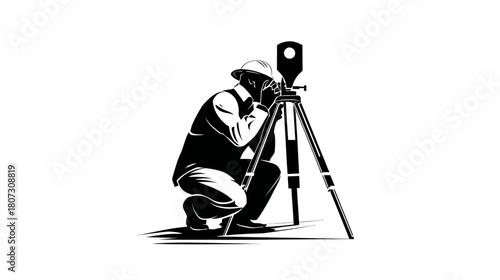 Skilled surveyor operating a precise surveying instrument on a tripod, performing land measurement and engineering work, black and white illustration.