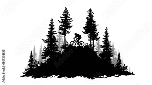 Mountain biker riding uphill in a dense pine forest silhouette. Outdoor sport, adventure, and nature recreation graphic.