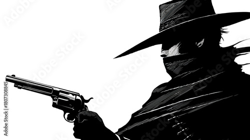 Mysterious Western outlaw wearing a wide-brimmed hat and bandana, holding a classic revolver. High-contrast black and white illustration.