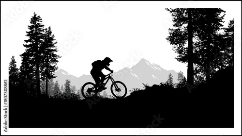 Mountain Biker Silhouette Riding Uphill on a Forest Trail with Distant Peaks, Extreme Sport Adventure