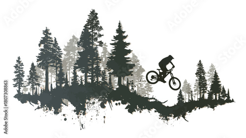Dynamic mountain biker jumping in forest silhouette illustration. Extreme downhill sport, outdoor adventure, vector graphic concept.