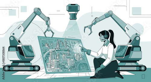 Futuristic city planning and management interface operated by woman with robotic arms guidance