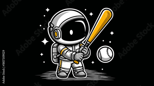 Cute cartoon astronaut playing baseball with a bat and ball in starry outer space. Adorable cosmic sport game illustration.