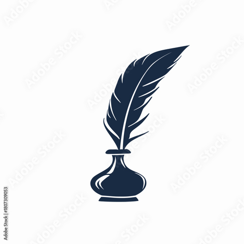 Classic quill pen and inkwell illustration. Vintage writing instrument symbol for literature, education, history, and communication concepts.