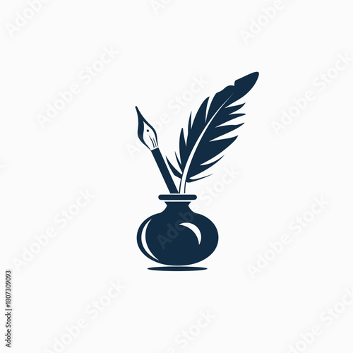 Elegant vintage quill pen and inkwell icon. Classic writing instrument for literature, storytelling, education, and artistic calligraphy.