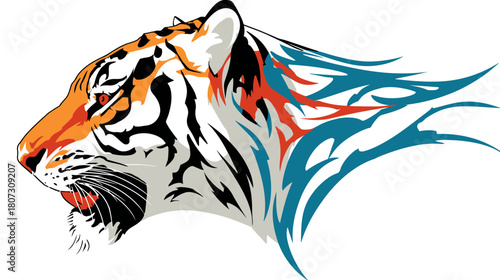 Powerful stylized tiger head illustration with vibrant tribal flame details in orange, black, and blue, profile view, strong animal art.
