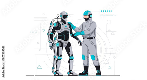 Futuristic Collaboration: Human Technician and Advanced Robot Working Together Harmoniously