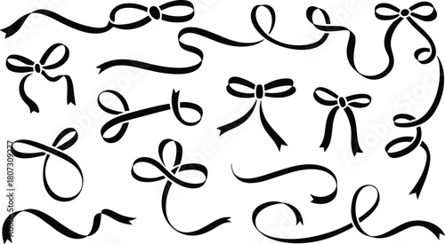 Elegant ribbon bow silhouettes, decorative looped bow designs, flowing ribbon elements for crafts, invitations, packaging accents, festive ornaments, vector illustration
