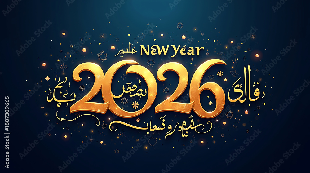 Naklejka premium Celebrating Arrival Of New Year 2026 With Arabic Calligraphy Wishing Happy New Year And Festive Design