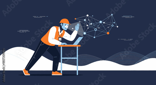 Futuristic engineer interacts with advanced network visualized on digital display