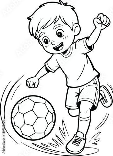 Happy cartoon boy playing soccer ball outdoors, fun action sports illustration for children coloring book page line art design element