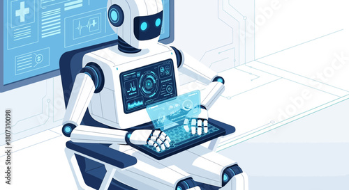 Futuristic Healthcare: Robot Doctor Analyzing Medical Data on a Transparent Interface