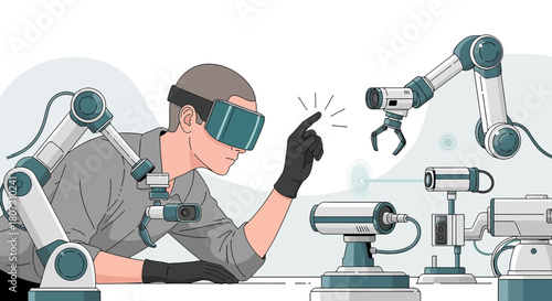 Futuristic interaction: Man using virtual reality to control robotic arm technology and automation