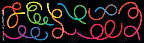 Vibrant rainbow colored light trails and swirls create an abstract and energetic pattern against a dark background