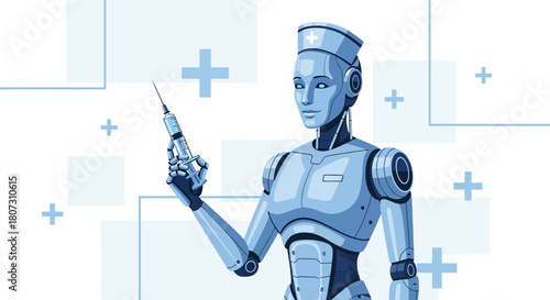 Futuristic medical assistant, robotic nurse providing healthcare with advanced injection technology