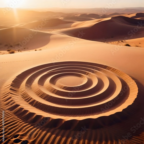 Fototapeta Naklejka Na Ścianę i Meble -  Large Spiral Pattern Carved in Desert Sand Dunes at Sunset Land Art Concept