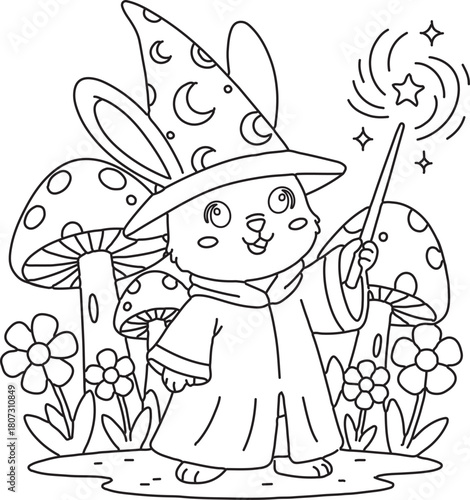 a wizard bunny wearing a pointy hat and holding a sparkling wand, hand-drawn vector coloring page 