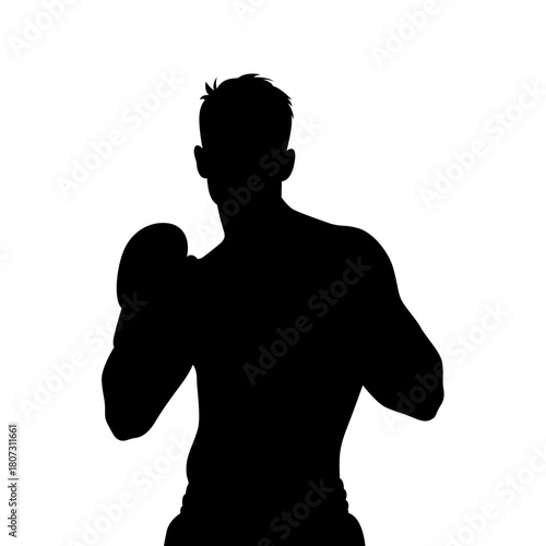 Silhouette of a boxer ready to fight against a white background
