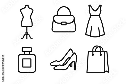 Fashion Boutique Icons. Fashion Boutique outline icon set: mannequin, purse, dress, perfume bottle, heels, gift bag.